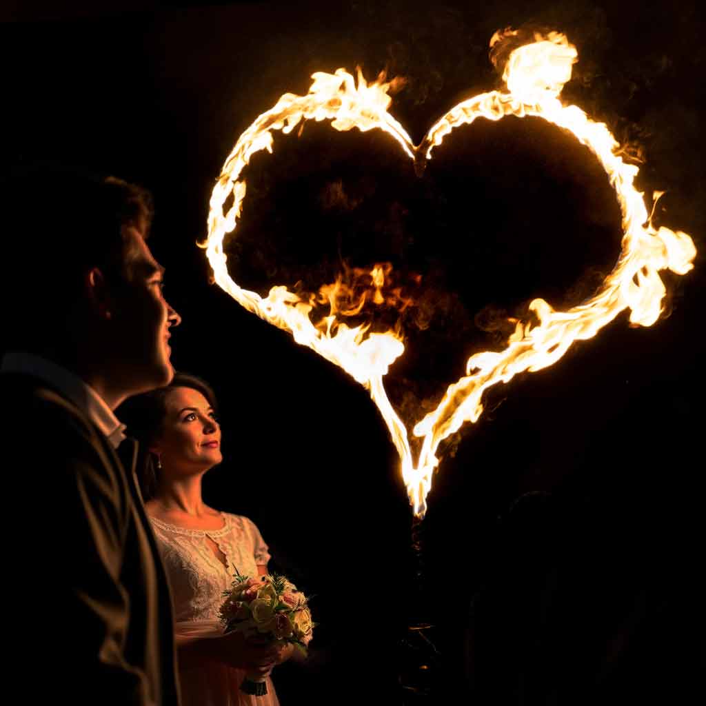 Brennendes Herz als Geschenk Brautpaar steht neben gemietetem brennenden Herzen und blickt in die Flammen
